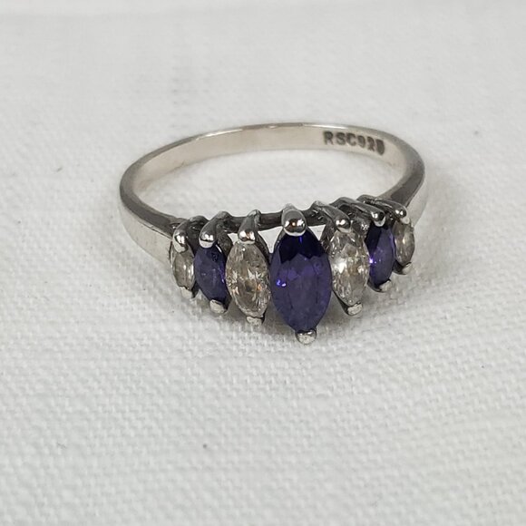 925 Silver Purple & Clear Stone Ring Antique Style Raised Setting Sz 21mm US 10 - Picture 2 of 12